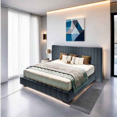 Upholstered Bed Frame | Oversized Headboard | Floating Design | RGB LED Lights | Modern Style