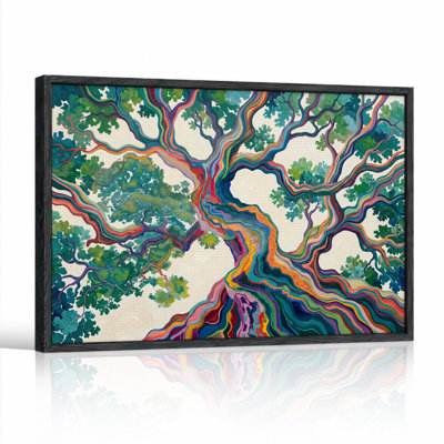 Tableau sur toile représentant des branches d'arbre arc-en-ciel multicolores et des feuilles vertes