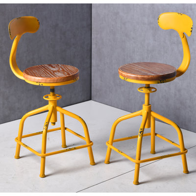 Antique Industrial Design Wood Top Metal Bar Stool Adjustable 31""-37"" Swivel Counter Stools Indoor House Design With Backrest Set Of 2(Antique Yellow) -  Topower, Z4-B Antique Yellow-B0B38ZJ2Y7