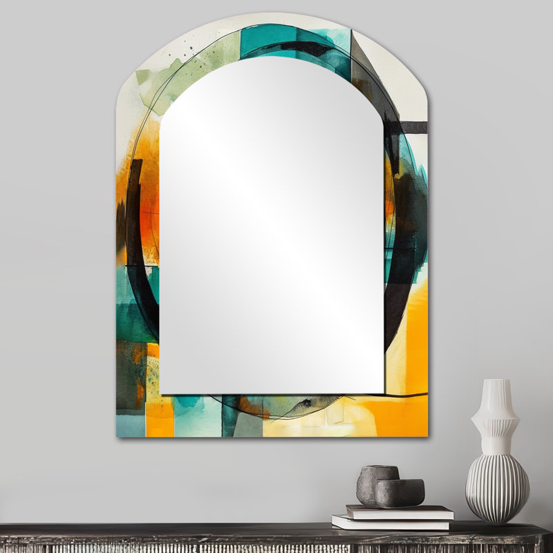 Orange Abstracted Geometric Explorations V - Geometric Asymmetrical Decorative Mirror, Orange Arch Wall Mirror, Printed Metal Art