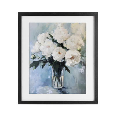 Vase de pivoines blanches, reproduction encadrée sous verre, design par LSR Creative Studio