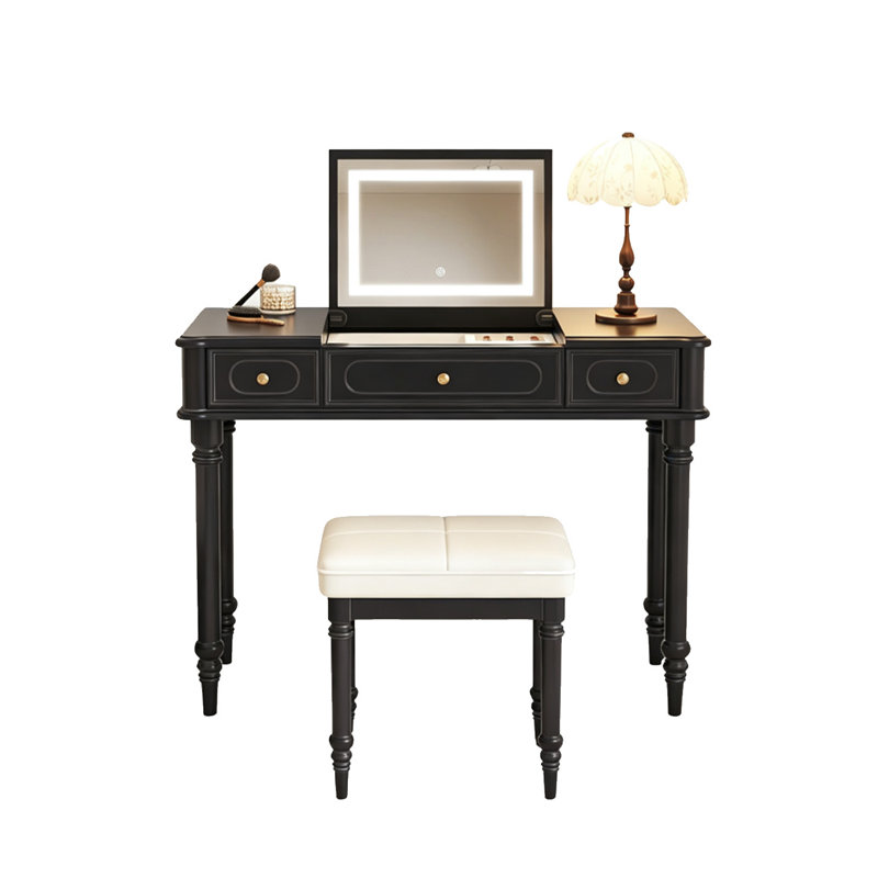 Coiffeuse noire de style français de 100 cm avec miroir rabattable, 29.53" H x39.37" W x15.75" D