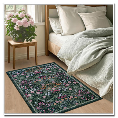 Entryway Rug 2X3 Dark Green, Floral Vintage Washable Non-Slip Door Mat, Soft Low Pile Stain Resistant Indoor Throw Rug For Entrance Bedroom Kitchen Laundry Bathroom