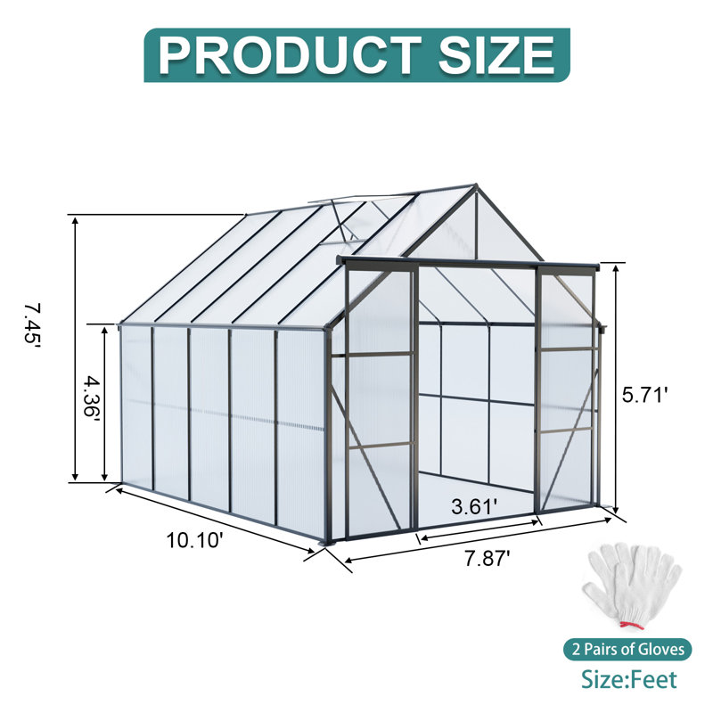 8x10FT Double Door Polycarbonate Greenhouse Raised Base and Anchor Aluminum Heavy Duty Walk-in Greenhouses for Outdoor Backyard in All Season