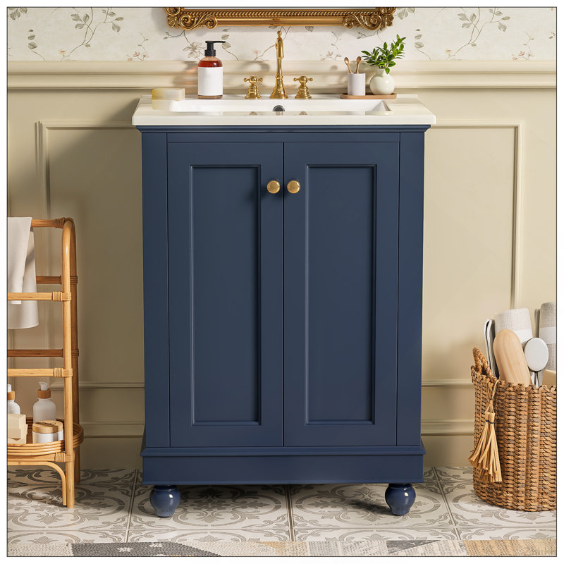 Meuble-lavabo moderne de 24 po de conception simple et élégante avec rangement à fermeture en douceur, tablette réglable, meuble-lavabo avec lavabo en céramique