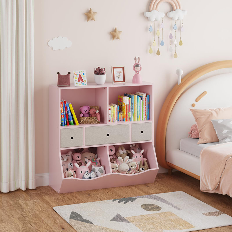 Rangement pour jouets pour enfants, bibliothèque pour enfants avec 2 tablettes, 3 tiroirs amovibles et 2 casiers, Rose