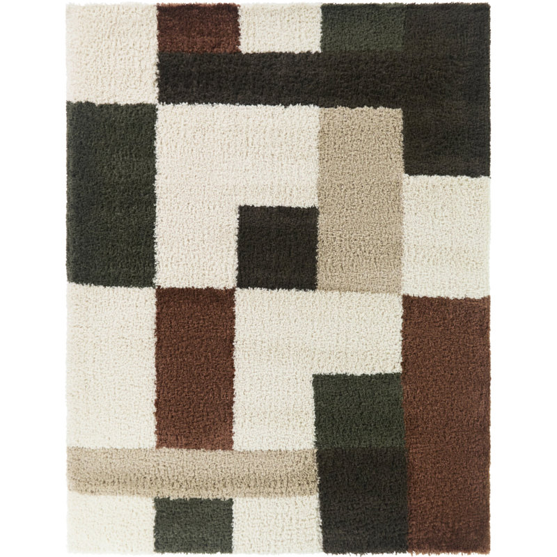 Martha Green/Rust Color Block Shag Area Rug, Rectangle 5'3" x 7'