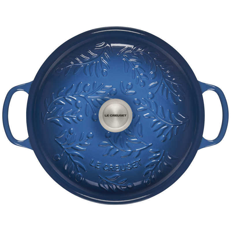 Blue Enameled Cast Iron Round Braiser with Embossed Lid, 3.5 Quarts