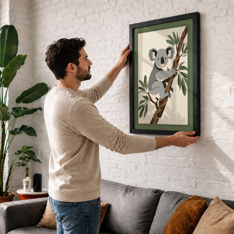 Koala in Eucalyptus Boho - Framed Print, A1 - 84.1 x 59.4 cm, Black