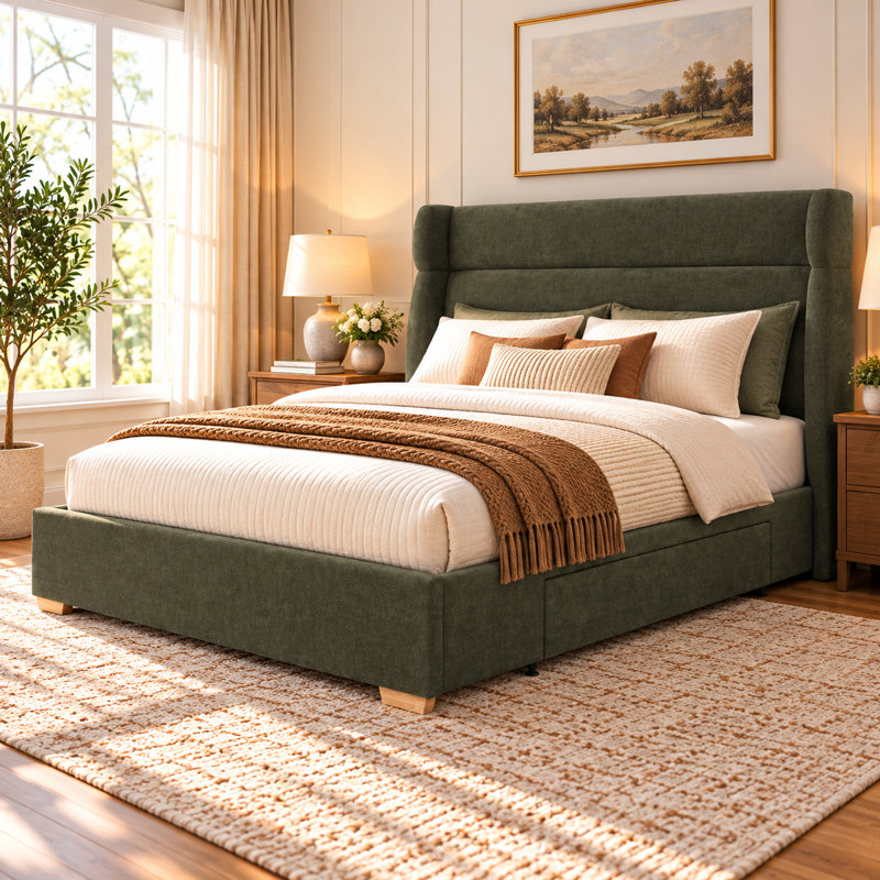 Clausen Upholstered Bed, Grand lit, Green