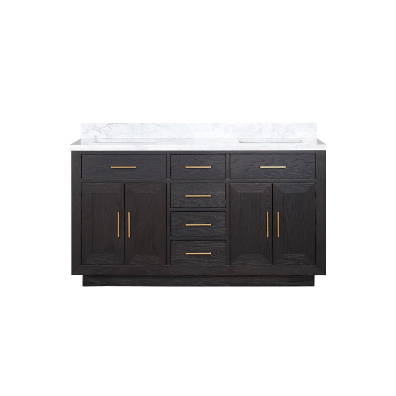 Ensemble de meuble-lavabo double 60 po, Marbre de Carrare blanc, Chêne noir