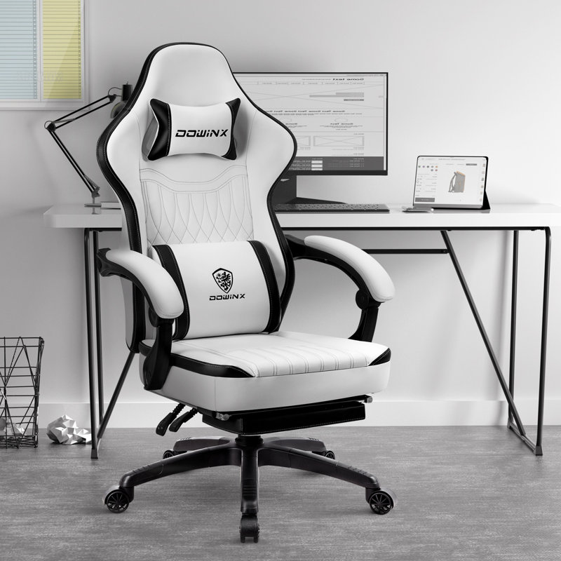 Fauteuil de jeu ergonomique avec support lombaire à massage et repose-pieds - Fauteuil de bureau inclinable en cuir d'unité centrale avec coussin à ressorts ensachés pour adultes, grands et grands utilisateurs