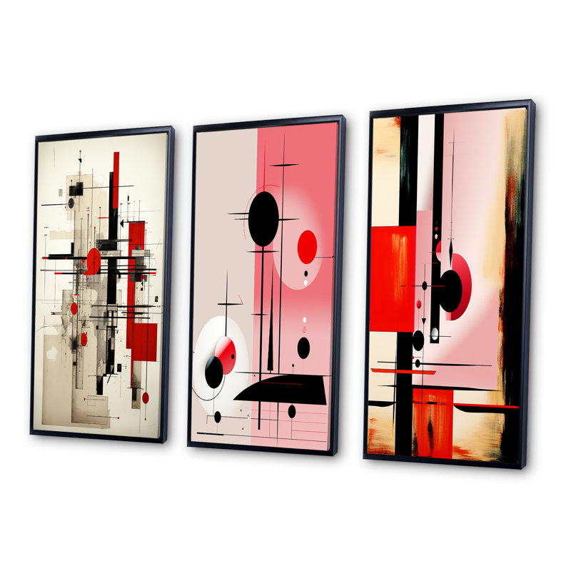 «Red and Blue Retro Illustration», 3 pièces sur toile, H 28 po x l 36 po, Cadre flottant noir