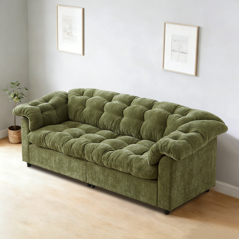 94.6" W Upholstered Chenille Cloud Sofa, Green
