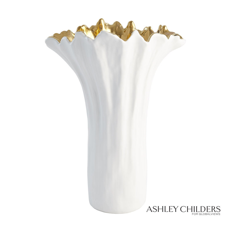 Organic Wave Oval Bowl-White-Lg, White/Gold