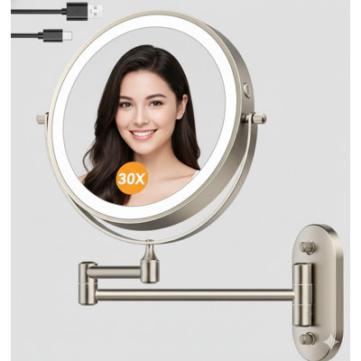 1X/30X Wall Mounted Lighted Makeup Mirror, 8" 3200 Mah Rechargeable Double-Sided Magnifying Mirror, Touch Dimmable 3 Color Lights, 360° Rotating Foldable 14.5" Extension Arm, Brushed Nickel