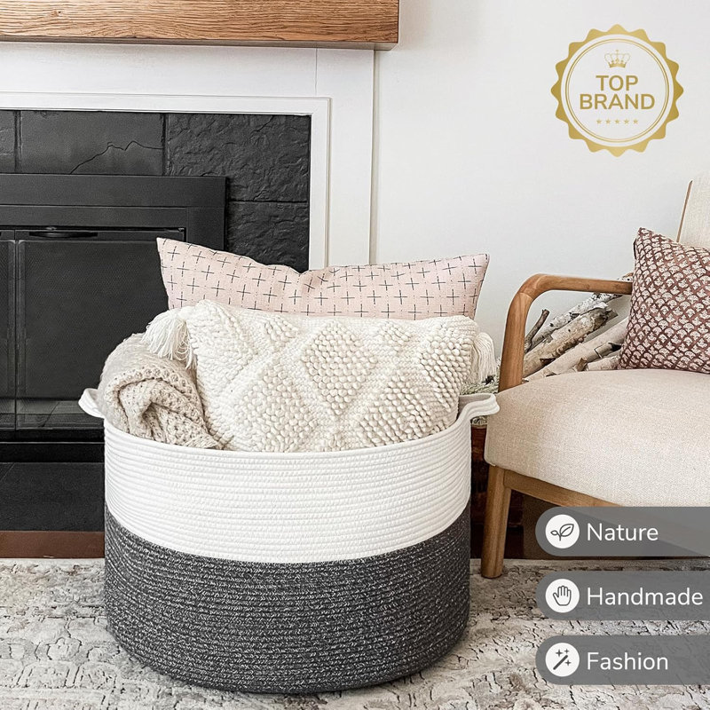 Xxxlarge White & Grey Woven Cotton Rope Blanket Basket