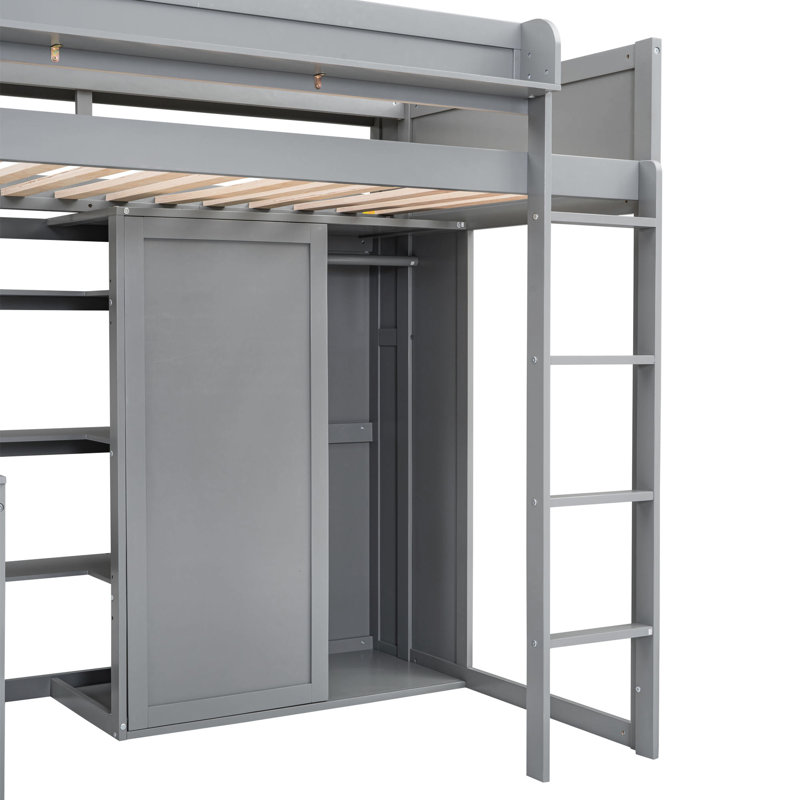 Lit mezzanine simple gris avec lit en bois et espace de rangement polyvalent, Gris