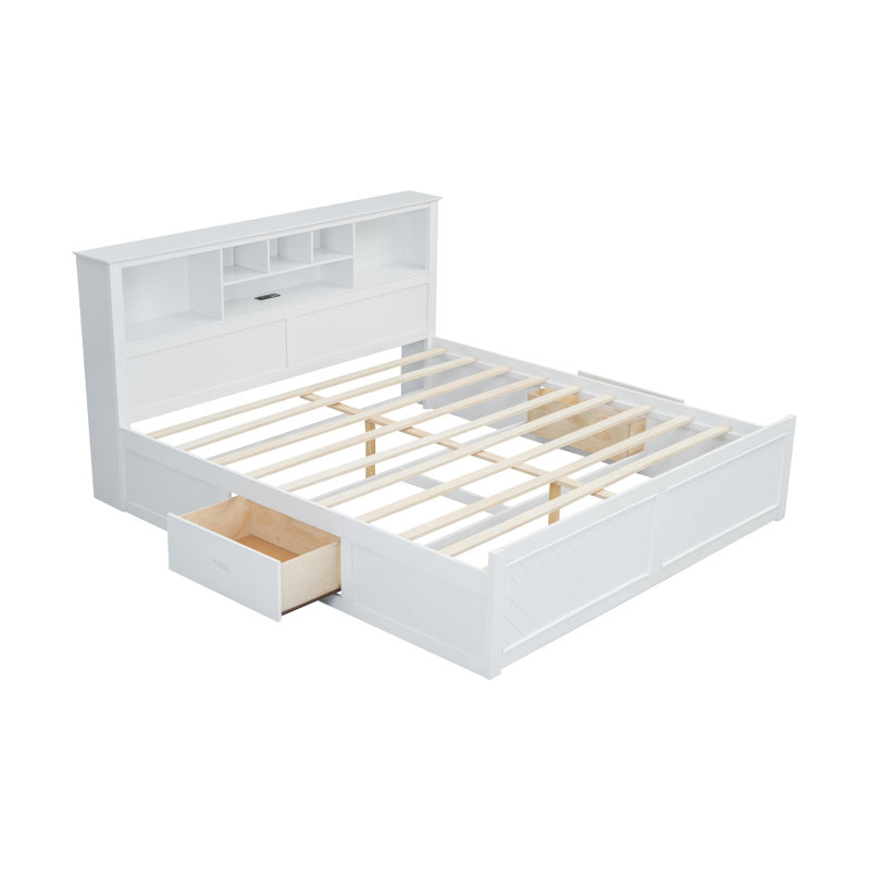 King Size Storage Platform Bed with 6-Shelf Headboard, USB Charging & 2 Drawers, White