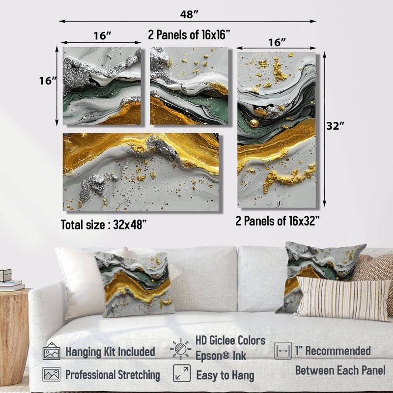 «Tranquil Divide», art mural abstrait grand art abstrait 4 pièces, Impression encadrée sans passe-partout, Doré