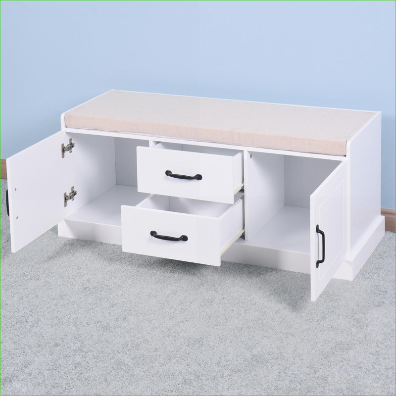 Armoires | Banc de rangement pour chaussures 2 portes et 2 portes avec coussin de siège rembourré Modern Modern Blanc cassé | Panneau de fibres à densité moyenne