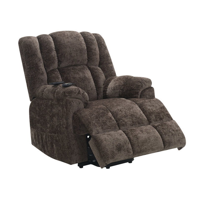 Fauteuil inclinable électrique Roxy avec chauffage et massage, revêtement en chenille brun, télécommande, porte-gobelets et rangement latéral