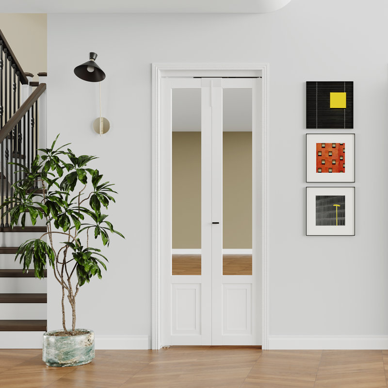 Porte pliante en miroir - Porte intérieure pliante en panneau de fibres à densité moyenne blanche avec portes pliantes avec quincaillerie, poignée et serrure supérieure