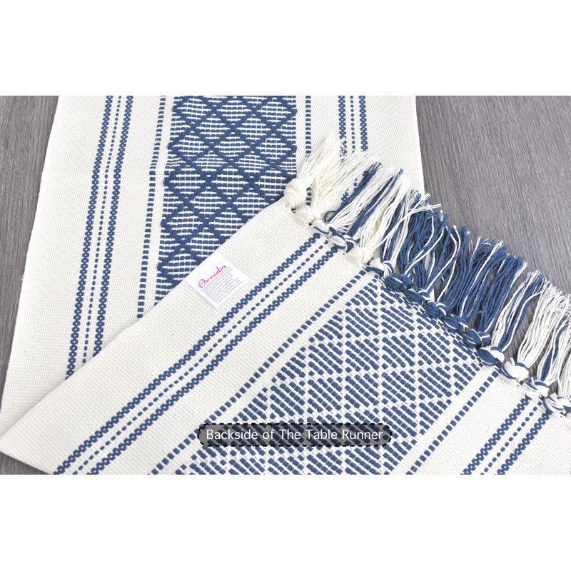 Boho Cotton Woven Table Runner With Tassels, 48" x 14", Blue/Cream