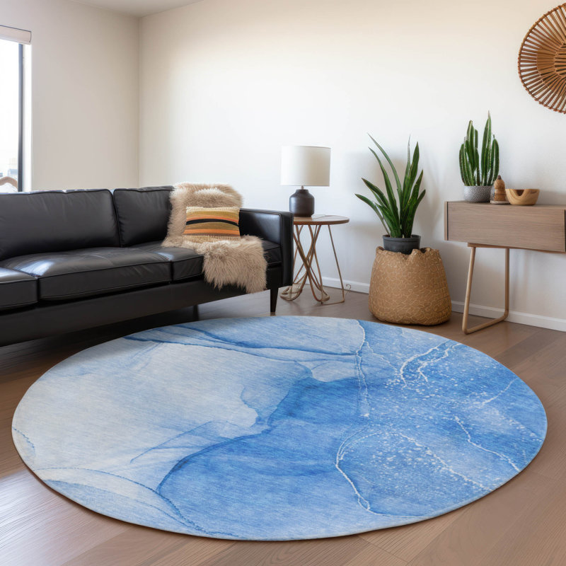 Premium Machine Washable Cerrito AMF507 Blue Rug, Round 8'