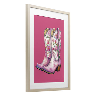 Glam Cowgirl Boots on Pink Framed Print Under Glass, design by Lettered and Lined