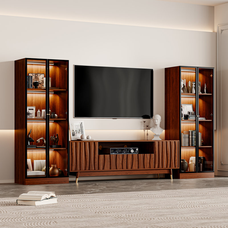 114.2'' Brown Entertainment Center Walnut Finish For 55/65 Inch Tv, Mid Century Modern Wood 66.8" Tv Stand With Relief Panel And Glass Display Cabinet With Lights Set Media Console For Living Room Bedroom