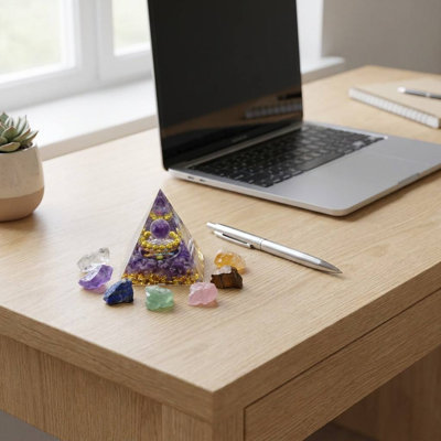  1.97" Amethyst Orgonite Pyramid with 7-Piece Chakra Raw Crystal Stone Set - Handcrafted Resin Pyramid Tabletop Decor & Home Office Accent Sculpture
