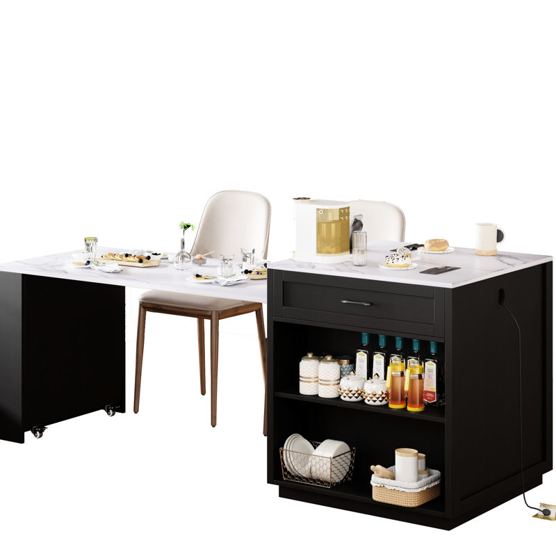 Îlot de cuisine noir moderne avec table extensible, double rangement, 1 armoire, 2 tablettes latérales ouvertes, prise double 82,7 pouces, roues verrouillables