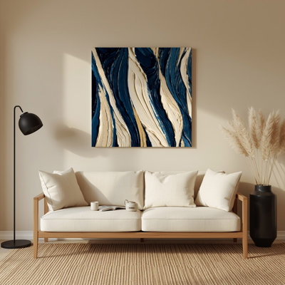 DiagonalStripes Cream Navy Blue Metal Wall Art