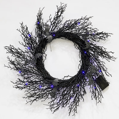 23" Spooky Halloween Lighted Bat Twig Wreath on Black Natural Twig Base