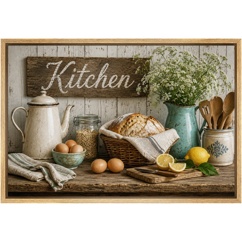 Œuvre d'art de campagne rétro vintage, pain de cuisine et citron, images de cuisine, impression sur toile encadrée