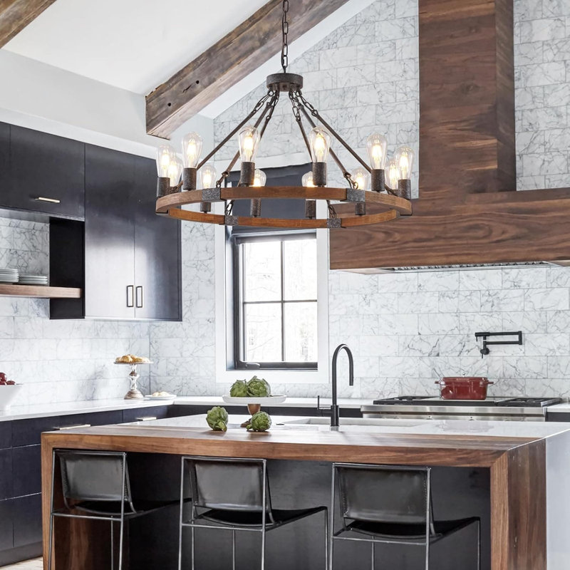 Luminaire suspendu en bois rustique avec 12 lumières pour salle à manger, salon, vestibule, vestibule Farmhouse, Brun