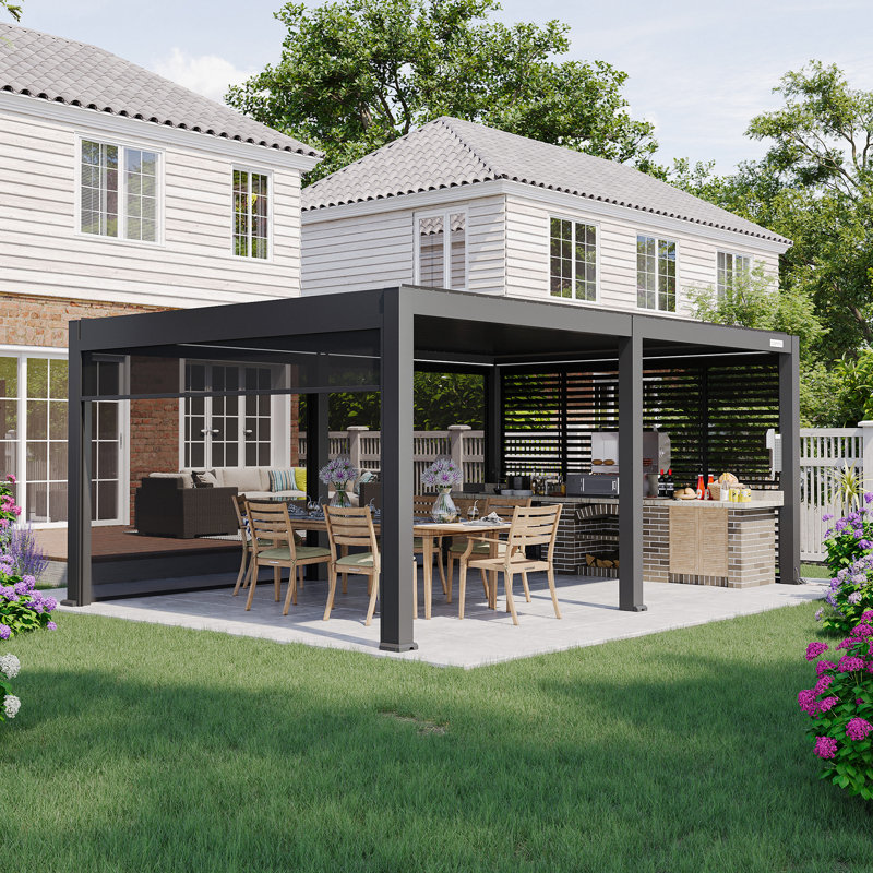 FlexPatio  20 Ft. W X 13 Ft. D Power+ Pro Pergola W/ Motorized Roof + 3-Side Shades & 1-Side Shutter Wall