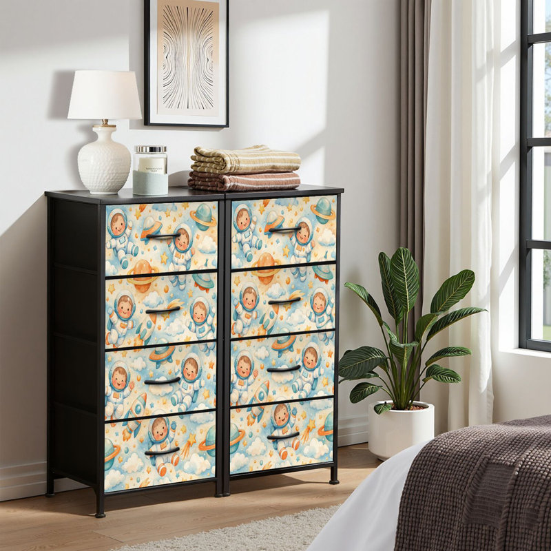 4 Drawer Dresser for Bedroom, Narrow Chest of Drawers, Wooden Top and Study Iron Frame 18"x37.5"-(WxH) - With Cute Cartoon Baby Astronauts Rockets UFOs Planets Stars Clouds Soft Print