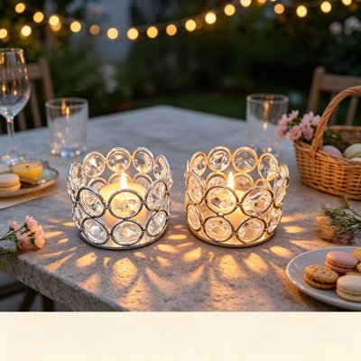 Lot de 2 photophores en cristal creux d'Europe, finis or et argent, projettent de magnifiques ombres, centre de table élégant pour mariage, souper, chambre à coucher, décoration intérieure de style champêtre, cadeau idéal