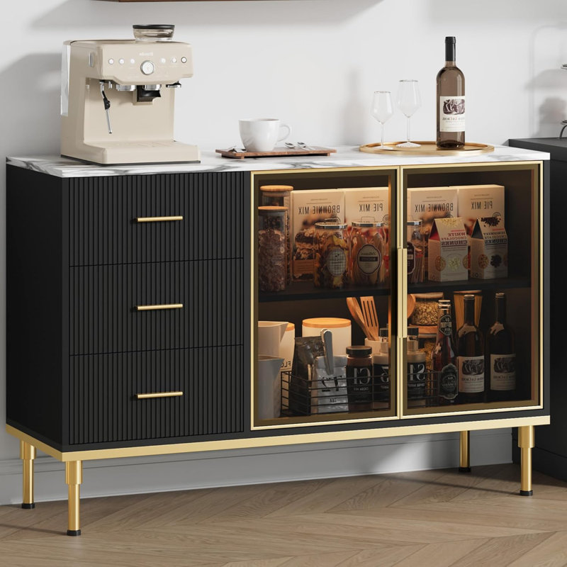 Buffet moderne cannelé 46,4 "avec plateau en faux marbre et portes en verre, 3 tiroirs et tablettes réglables pour la salle à manger ou le salon