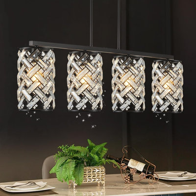 Modern Linear Chandelier With K9 Crystal - 4-Light Kitchen Island Lighting Fixture For Dining Room, Luxury Ceiling Pendant Light Adjustable Height
