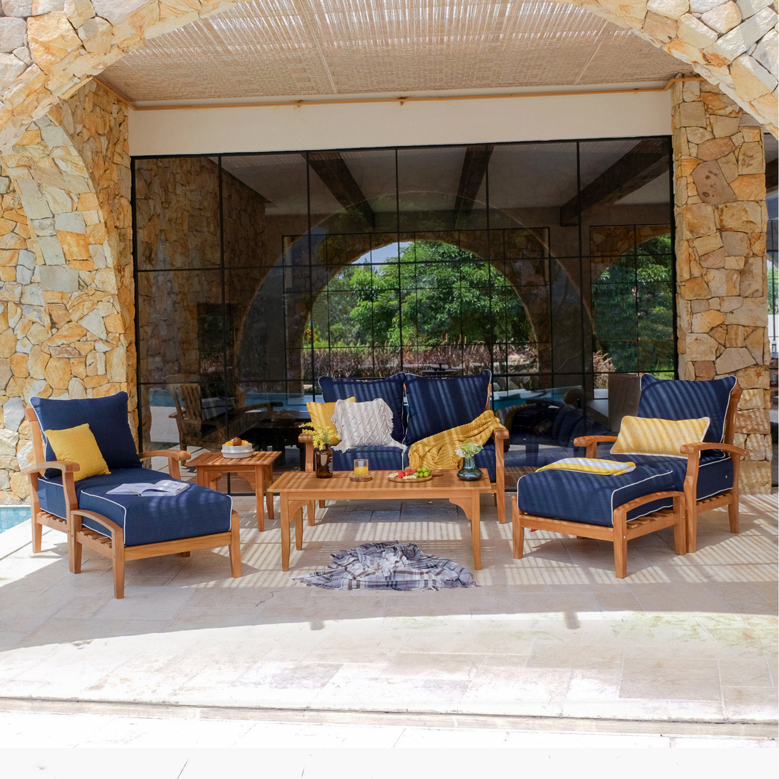 Summerton 6-Person Teak Patio Seating Group, Navy White Piping