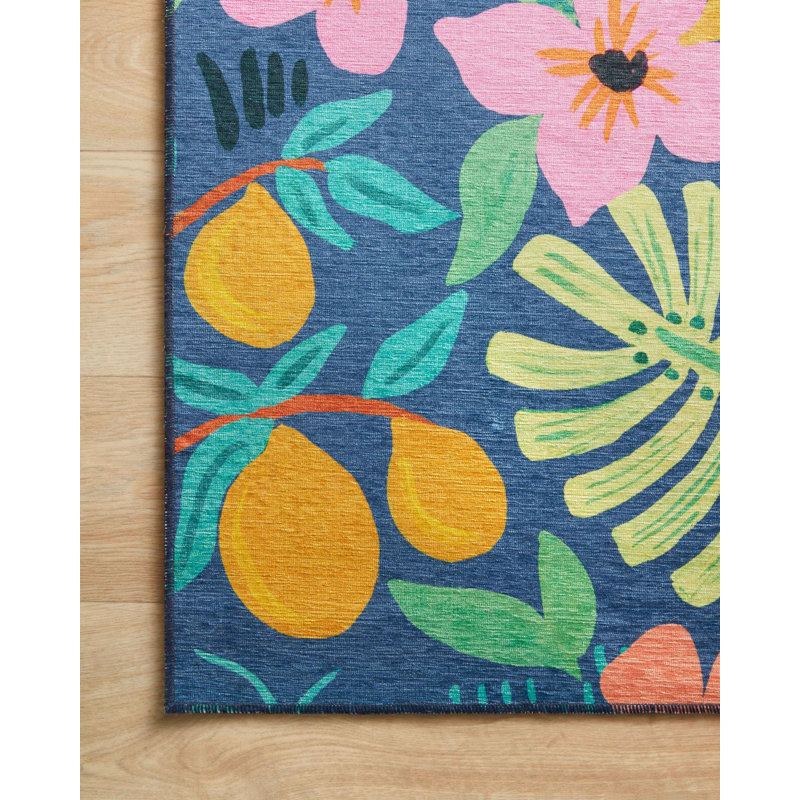 Tapis bleu tissé pastel multicolore à thème floral, Rectangle 3 pi 9,81 po x 4 pi 11,06 po