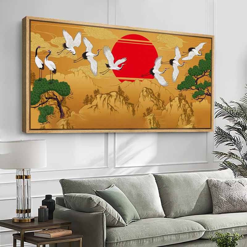 Crane, coucher de soleil, style japonais traditionnel, art moderne, H 30 po x l 60 po, Naturel