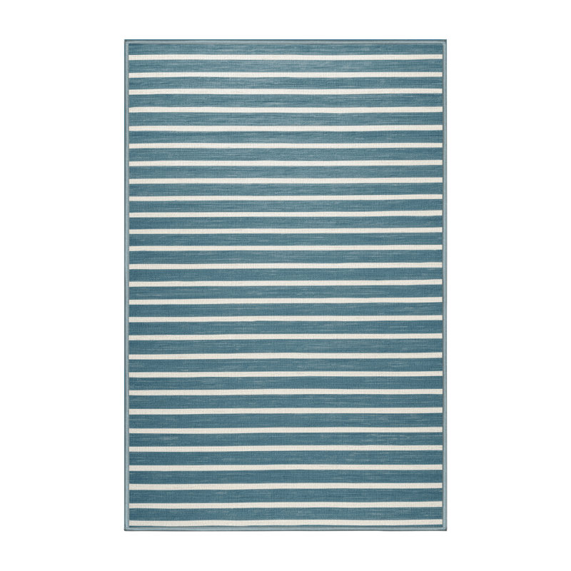 Tapis bleu à rayures horizontales lavable à la machine, Rectangle 5 pi x 7 pi