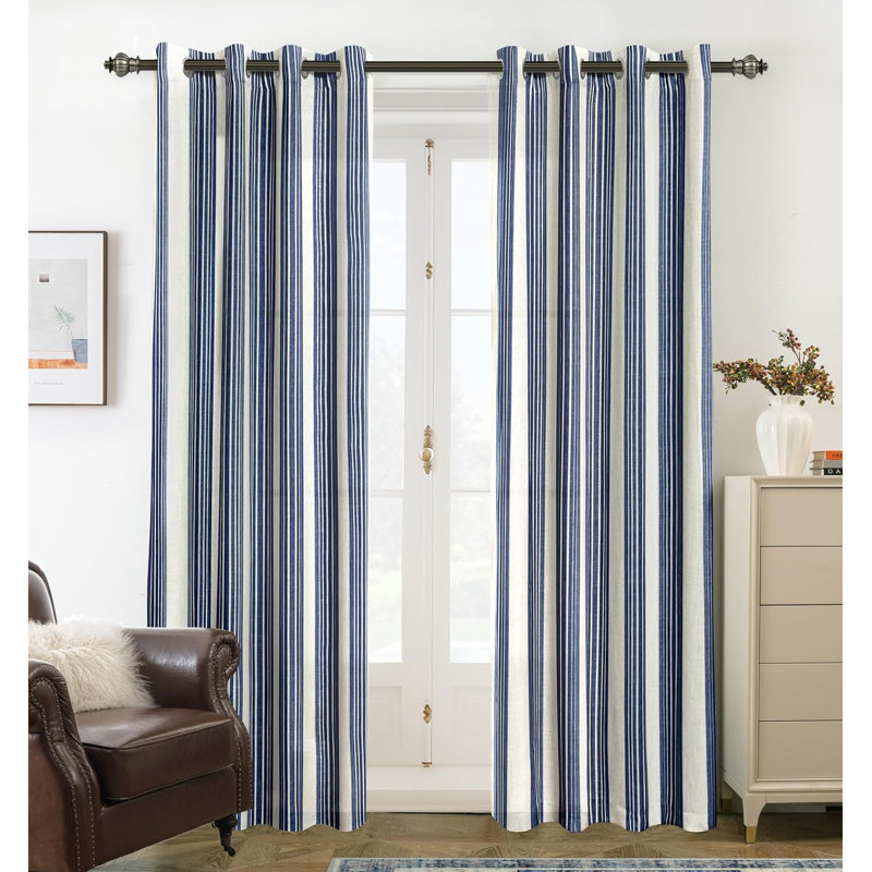Rideaux semi-transparents en lin avec motif à rayures Chris, L 52 po x L 102 po, Bleu marine foncé