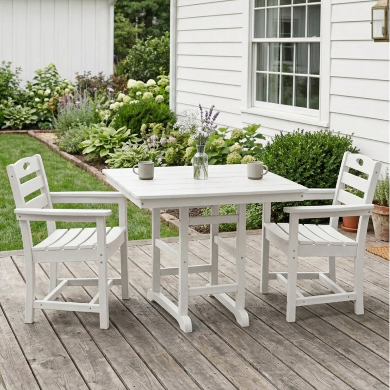 Ensemble de salle à manger d'extérieur 3 pièces en PEHD blanc avec table carrée et 2 fauteuils, Blanc, 2