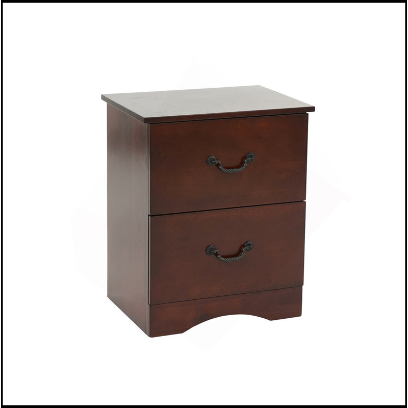 2 Drawers Pine Wood Nightstand, Cherry