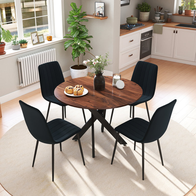 Ensemble de table de salle à manger 36 po avec chaises en velours, 5, Brun, Noir, noir, noir, noir